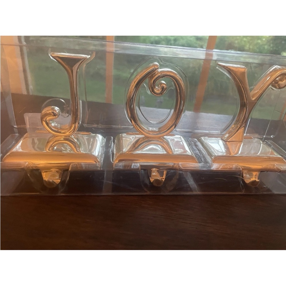 Lenox Chrome Silver JOY Stocking Hangers Holders Christmas Set Of 3 Heavy